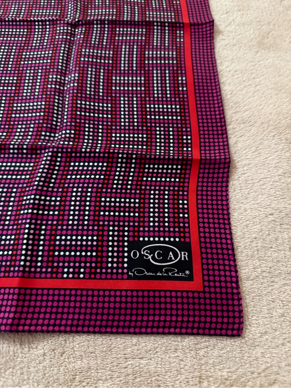 Oscar de la Renta Purple, Black & Red Polka Dot Silk Scarf